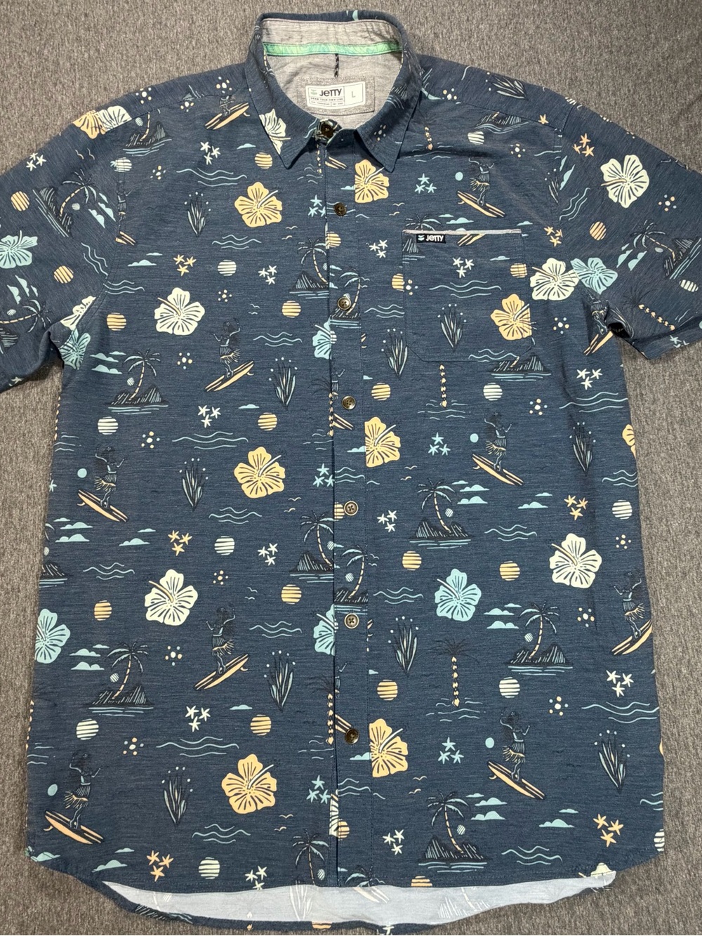 Jetty Men's Large Casual Button Up Short Sleeve Navy Tropical Floral Surfing